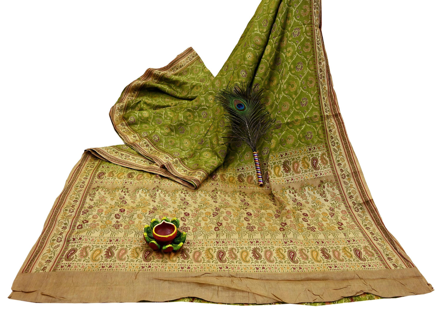 Indian Vintage Sari Green & Beige Pure Tussar Silk Hand Woven Sarees Craft Fabric 5Yd Sewing Ethnic Paisley Dress Making For Crafting