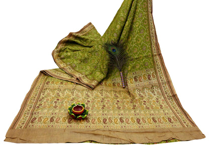 Indian Vintage Sari Green & Beige Pure Tussar Silk Hand Woven Sarees Craft Fabric 5Yd Sewing Ethnic Paisley Dress Making For Crafting
