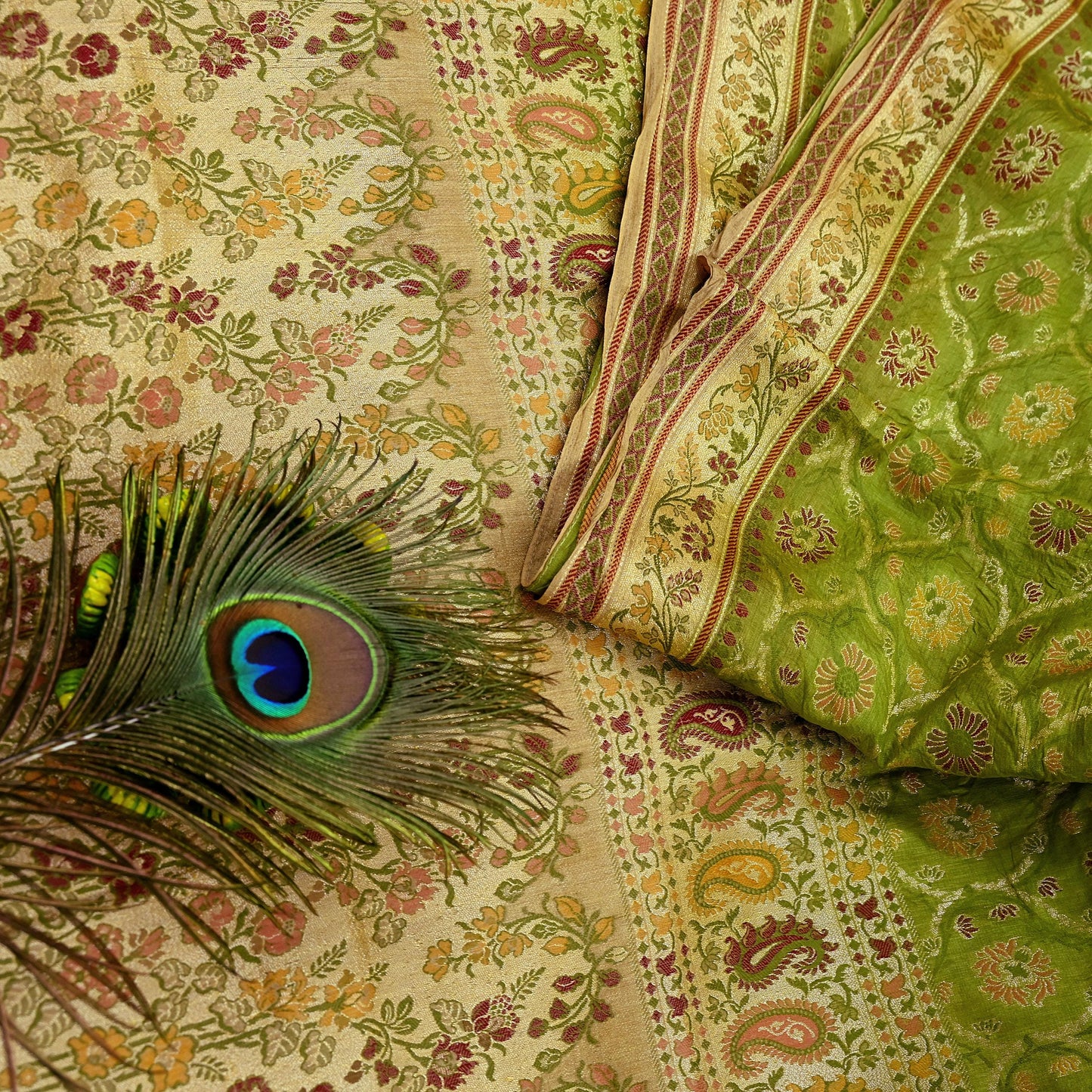 Indian Vintage Sari Green & Beige Pure Tussar Silk Hand Woven Sarees Craft Fabric 5Yd Sewing Ethnic Paisley Dress Making For Crafting
