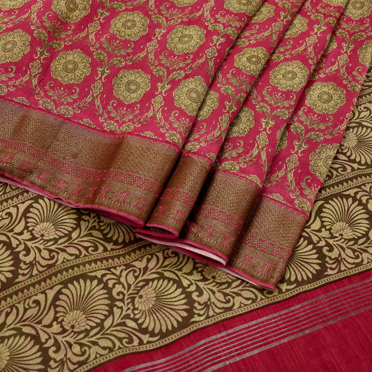 Indian Vintage Sari Pink Blend Silk Woven Printed Saree Craft Fabric 5yd Sewing Soft Dress Designing Crafting Quilting Zari Border