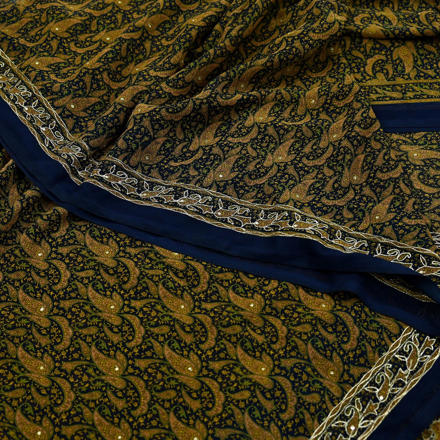 Indian Vintage Deep Blue Saree Georgette Hand Embroidered Sari Craft Fabric 5Yd Sewing Soft Ethnic Dress making Crafting Quilting Zari