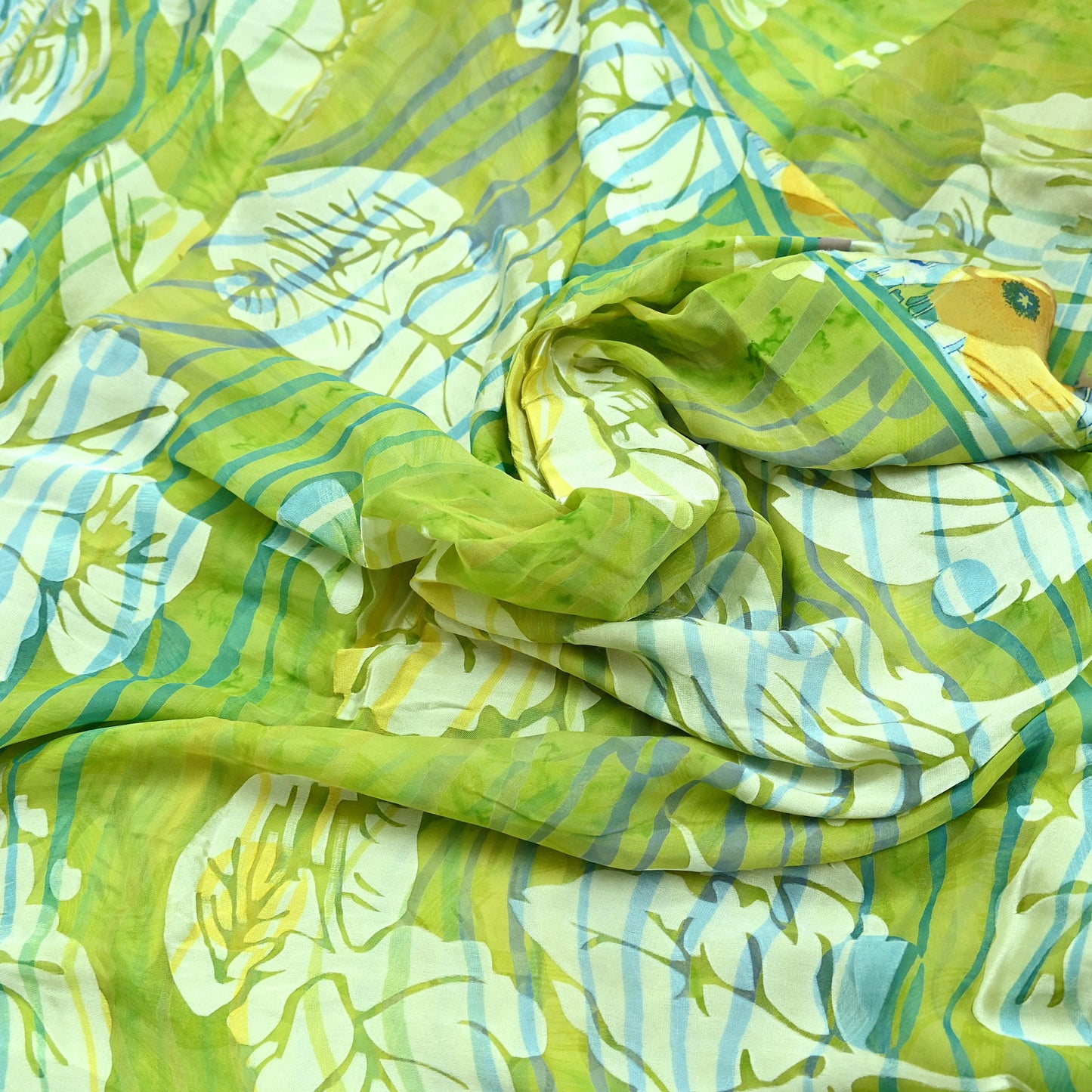 Indian Vintage Saree Green Pure Chiffon Silk Hand Embroidered Brasso Sari Fabric 5Yd Sewing Soft Ethnic Dress Making For Crafting Quilting