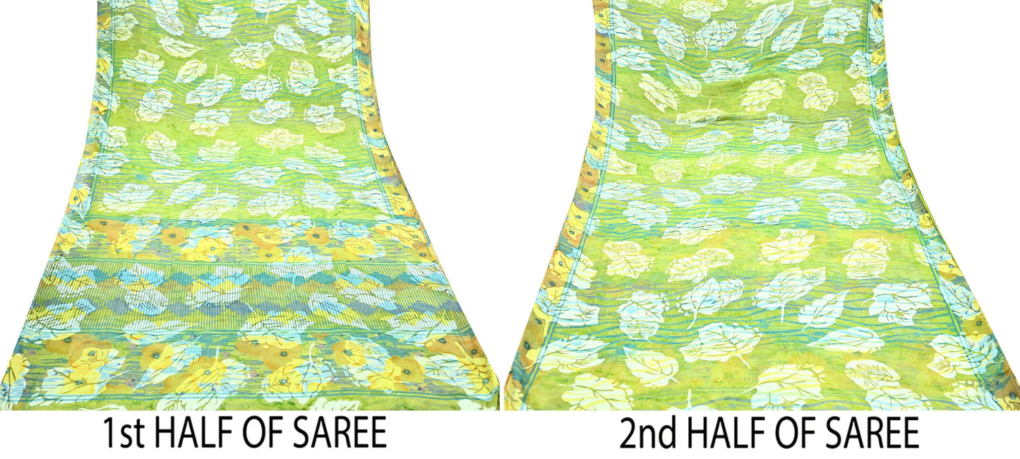 Indian Vintage Saree Green Pure Chiffon Silk Hand Embroidered Brasso Sari Fabric 5Yd Sewing Soft Ethnic Dress Making For Crafting Quilting