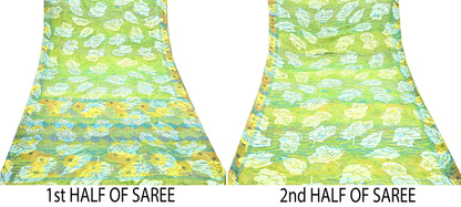 Indian Vintage Saree Green Pure Chiffon Silk Hand Embroidered Brasso Sari Fabric 5Yd Sewing Soft Ethnic Dress Making For Crafting Quilting