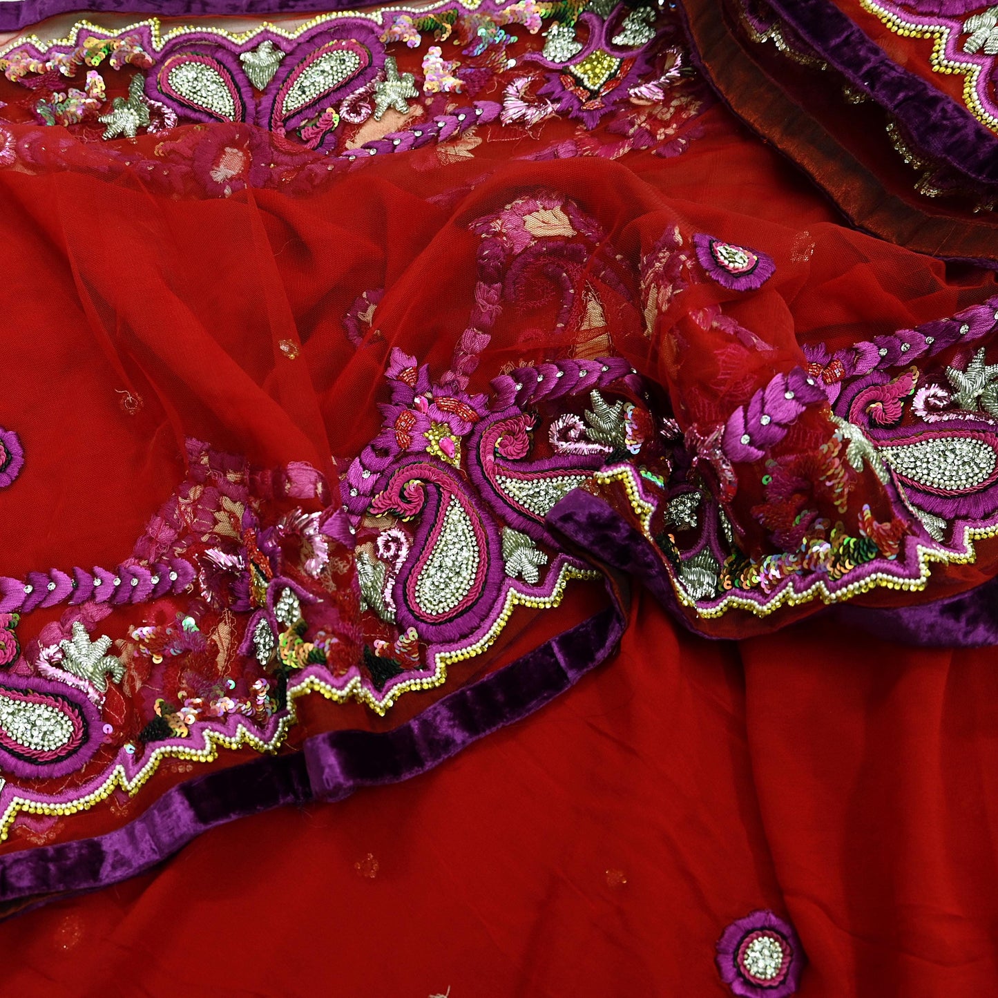 Indian Vintage Heavy Sari Red Net/Georgette Silk Hand Embroidered Sarees Craft Fabric 6Yd Sewing Soft Wedding sarees With Blouse fabric