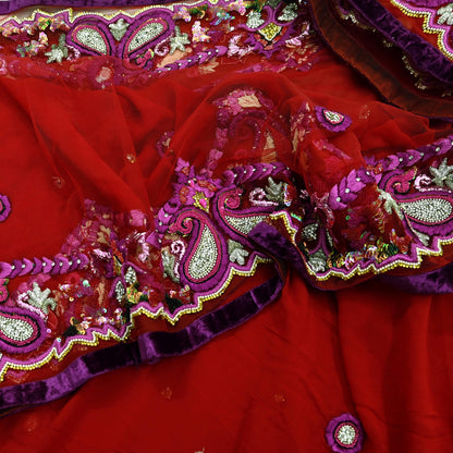 Indian Vintage Heavy Sari Red Net/Georgette Silk Hand Embroidered Sarees Craft Fabric 6Yd Sewing Soft Wedding sarees With Blouse fabric