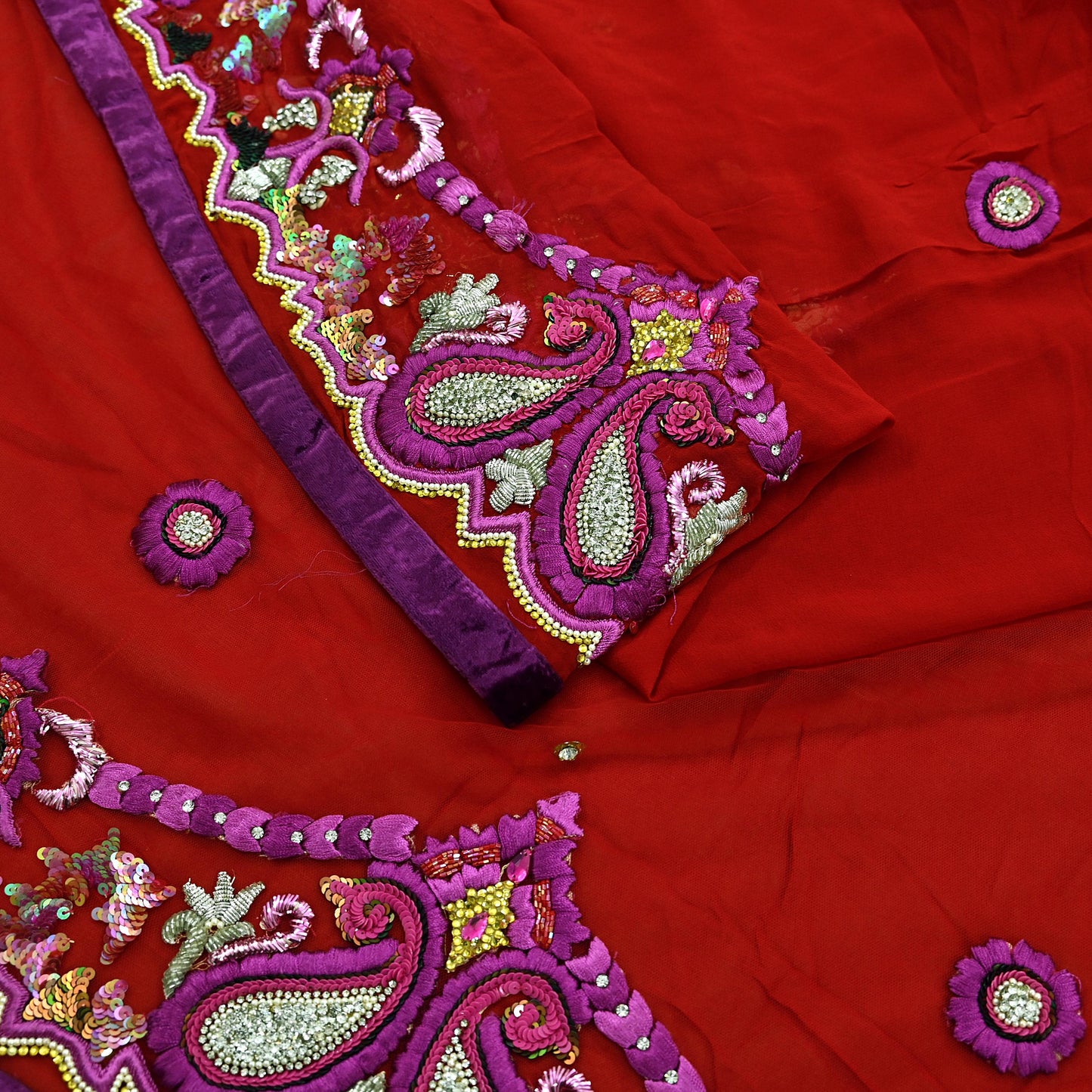 Indian Vintage Heavy Sari Red Net/Georgette Silk Hand Embroidered Sarees Craft Fabric 6Yd Sewing Soft Wedding sarees With Blouse fabric