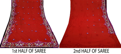 Indian Vintage Heavy Sari Red Net/Georgette Silk Hand Embroidered Sarees Craft Fabric 6Yd Sewing Soft Wedding sarees With Blouse fabric