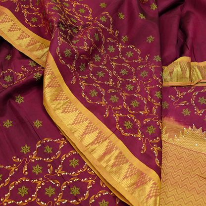 Indian Vintage Heavy Saree Maroon & Saffron Hand Woven Kanjivaram 100% Pure Silk Sari Craft Fabric 5Yd Ethnic Zari Floral