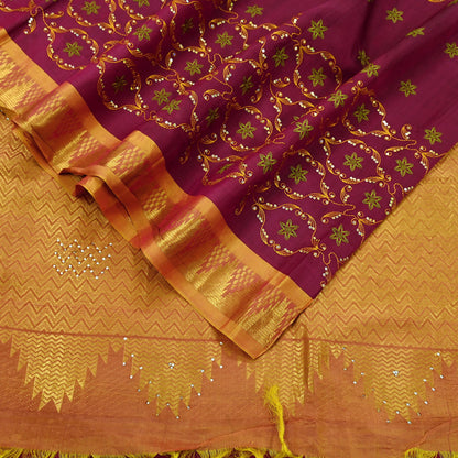 Indian Vintage Heavy Saree Maroon & Saffron Hand Woven Kanjivaram 100% Pure Silk Sari Craft Fabric 5Yd Ethnic Zari Floral