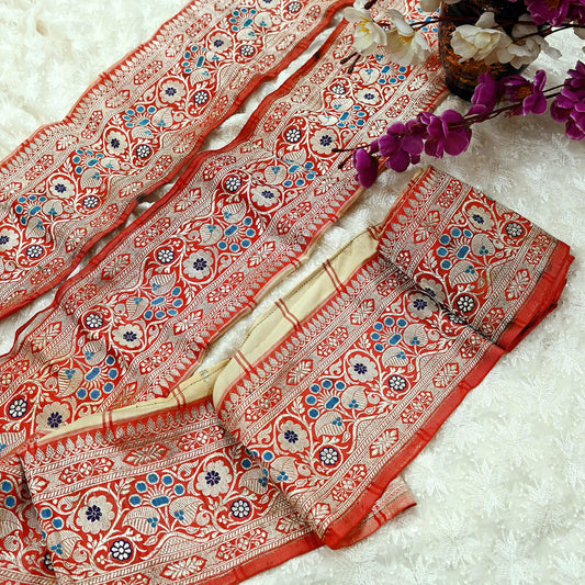 Indian Vintage Red Sari Border Woven Banarasi 1yd Trim Craft Sewing Recycled Sari Border Zari Pure Silk Home Decor Crafting