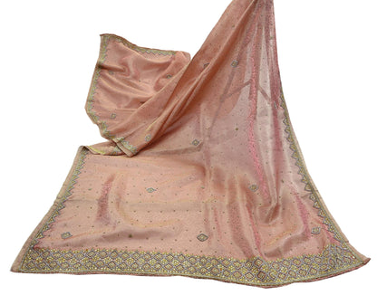 Indian Vintage Bridal Heavy Dupatta Pink Pure Tissue Silk Long Stole Hand Embroidered Hijab Scarves Zari Zardozi/Dabka Wedding Hijab Veil