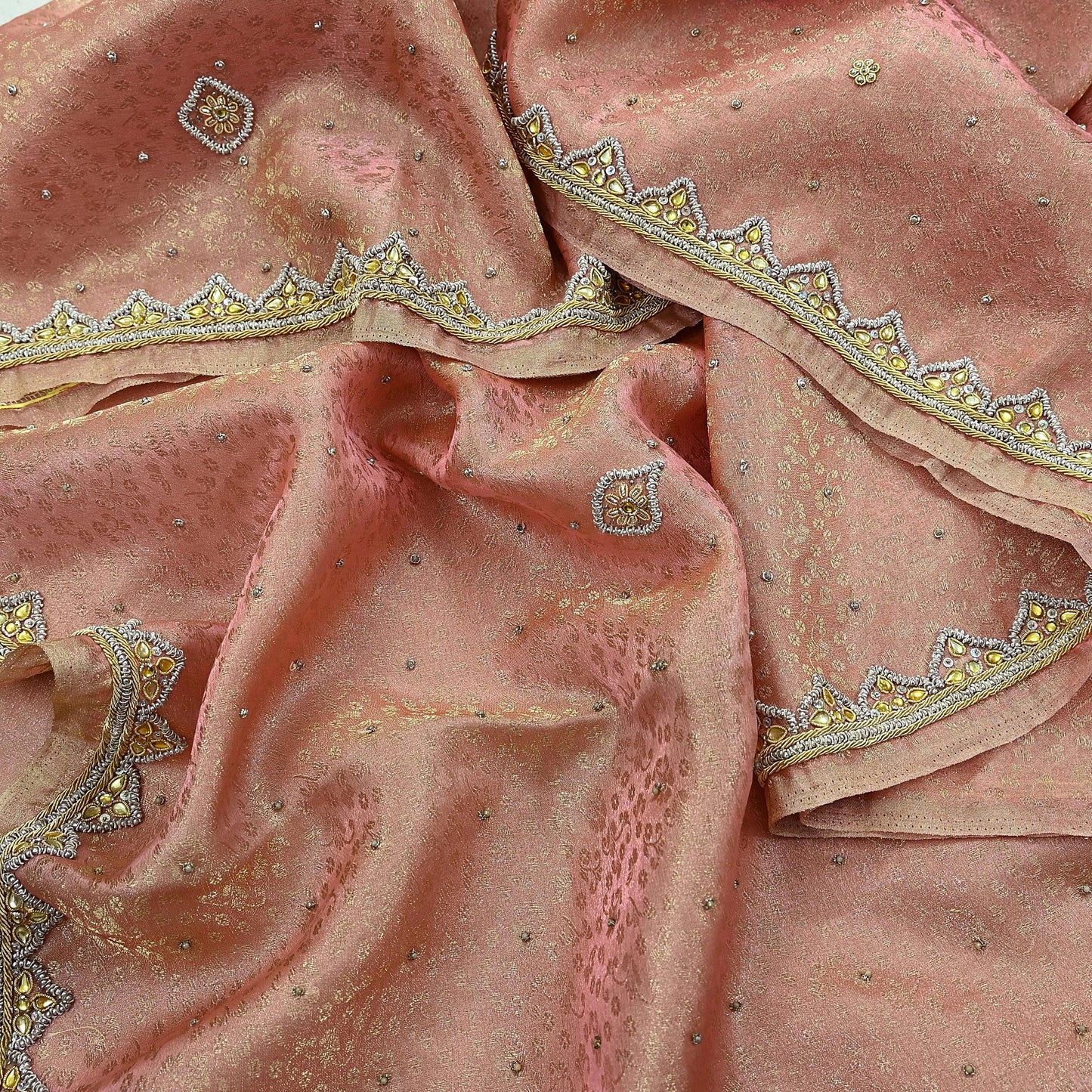 Indian Vintage Bridal Heavy Dupatta Pink Pure Tissue Silk Long Stole Hand Embroidered Hijab Scarves Zari Zardozi/Dabka Wedding Hijab Veil