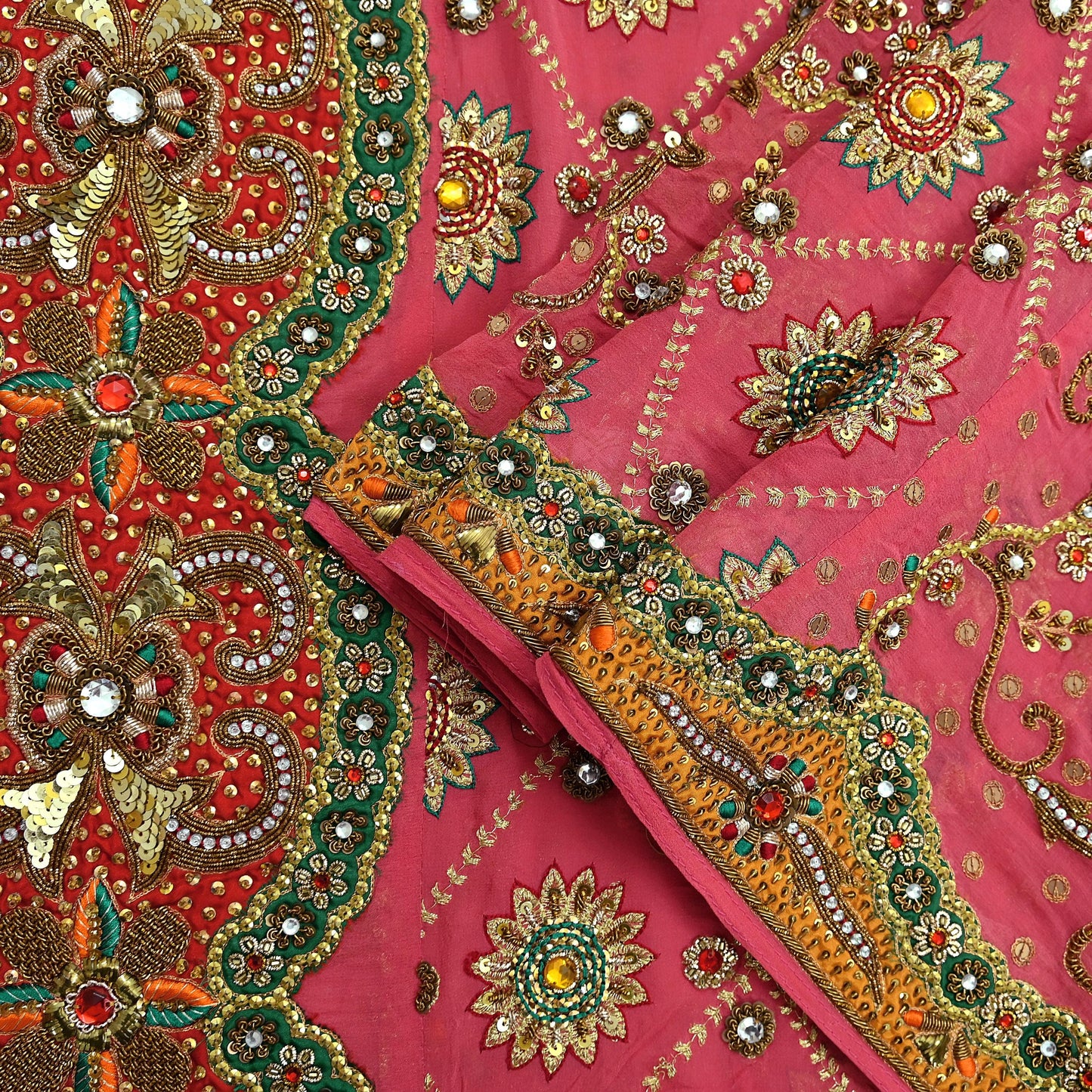 Indian Vintage Heavy Bridal Dupatta Pink Pure Georgette Silk Long Stole Hand Embroidered Scarf Zardozi/Dabka Zari Wedding/Party Dupatta