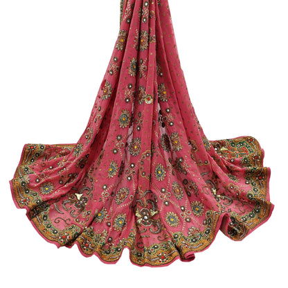 Indian Vintage Heavy Bridal Dupatta Pink Pure Georgette Silk Long Stole Hand Embroidered Scarf Zardozi/Dabka Zari Wedding/Party Dupatta