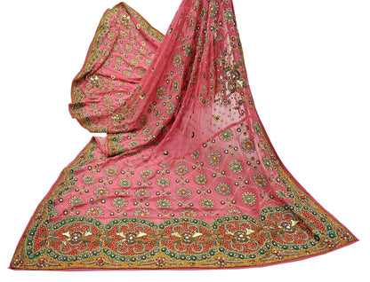 Indian Vintage Heavy Bridal Dupatta Pink Pure Georgette Silk Long Stole Hand Embroidered Scarf Zardozi/Dabka Zari Wedding/Party Dupatta