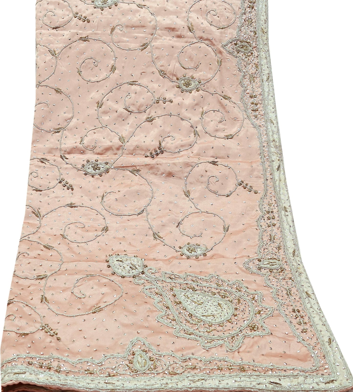 Indian Vintage Heavy Wedding Light Peach Dupatta Pure Satin Silk Long Stole Hand Embroidered Scarves Golden Zardozi Stole