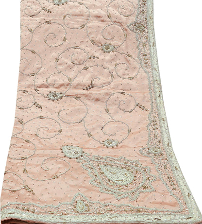 Indian Vintage Heavy Wedding Light Peach Dupatta Pure Satin Silk Long Stole Hand Embroidered Scarves Golden Zardozi Stole