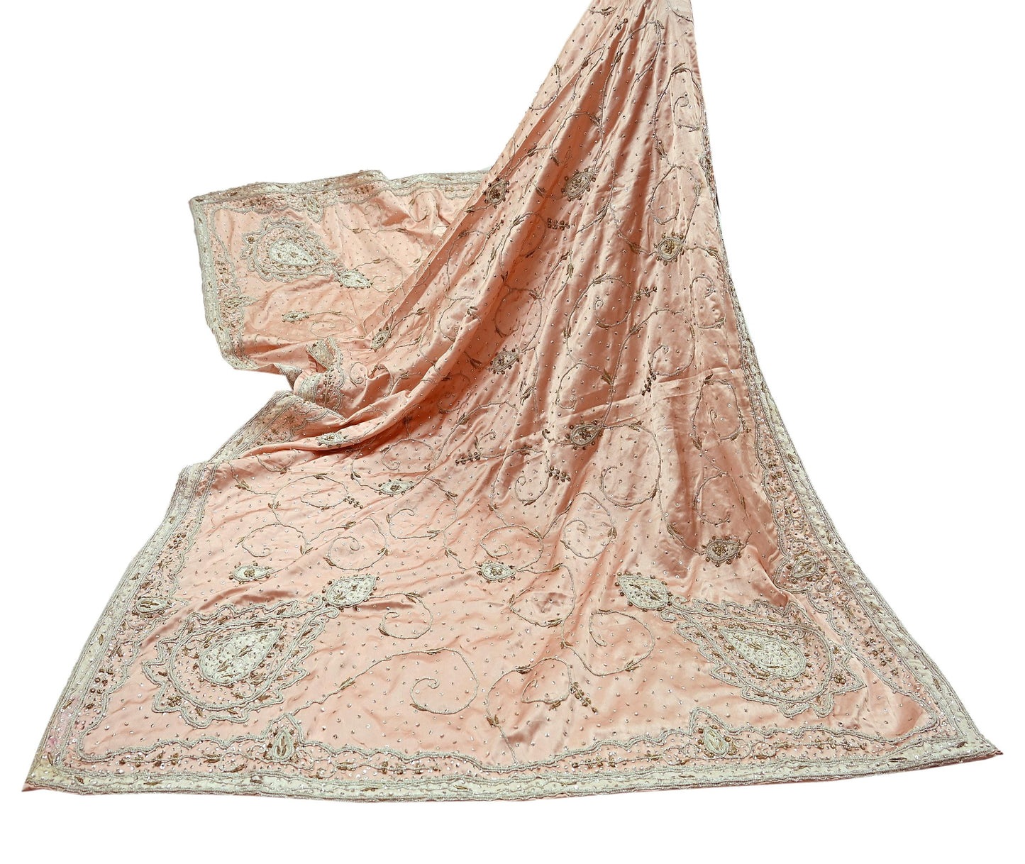 Indian Vintage Heavy Wedding Light Peach Dupatta Pure Satin Silk Long Stole Hand Embroidered Scarves Golden Zardozi Stole