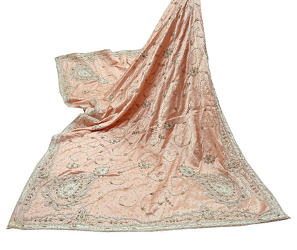 Indian Vintage Heavy Wedding Light Peach Dupatta Pure Satin Silk Long Stole Hand Embroidered Scarves Golden Zardozi Stole