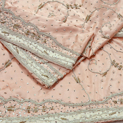 Indian Vintage Heavy Wedding Light Peach Dupatta Pure Satin Silk Long Stole Hand Embroidered Scarves Golden Zardozi Stole