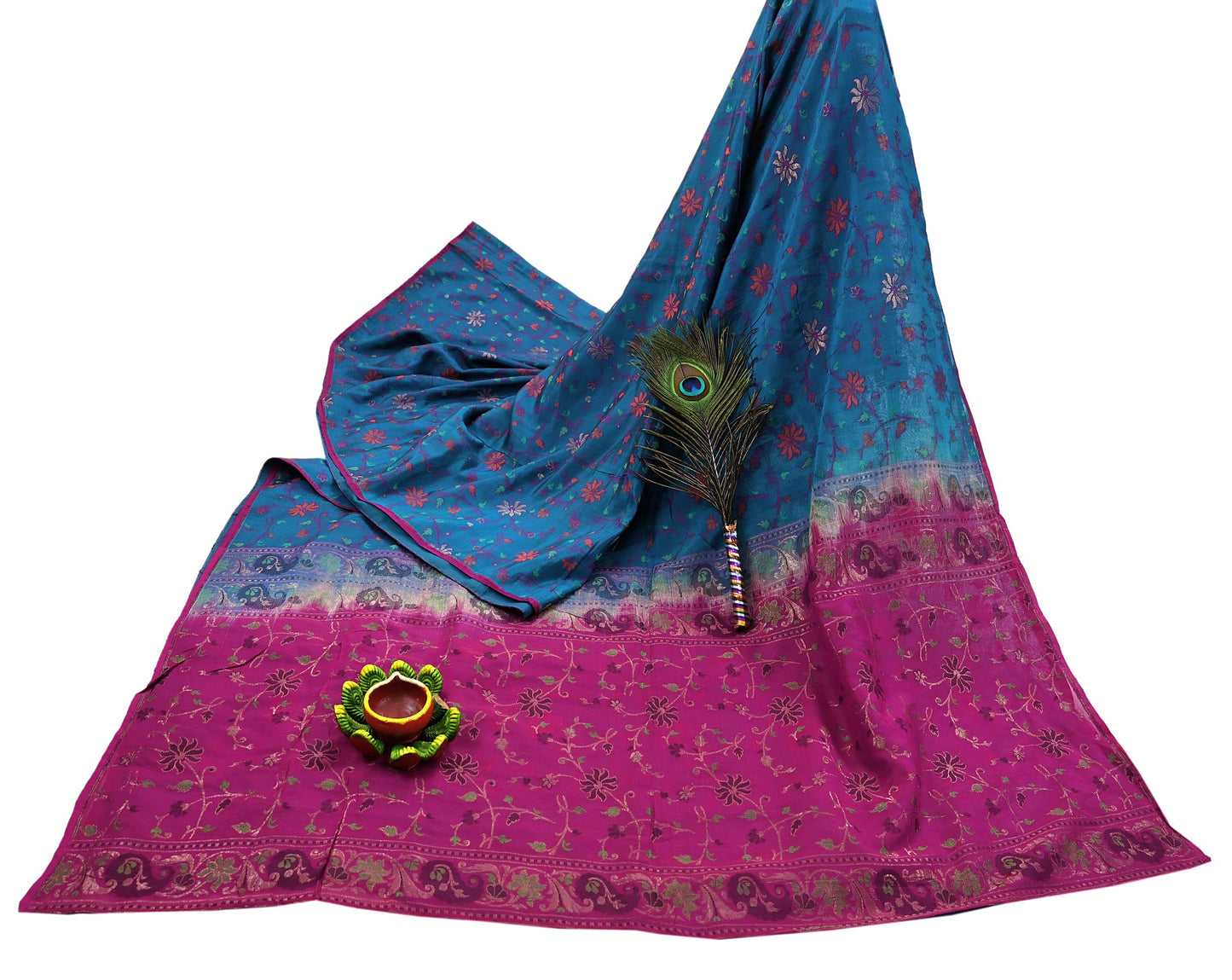 Indian Vintage Sari Pink & Blue 100% Pure Silk Hand Woven Sarees Craft Fabric 5Yd Ethnic Sewing Dress making Crafting Quilting Upcycle