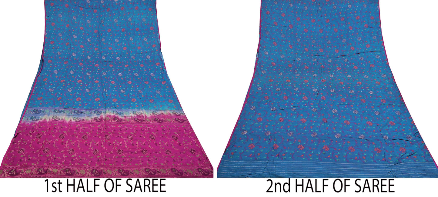 Indian Vintage Sari Pink & Blue 100% Pure Silk Hand Woven Sarees Craft Fabric 5Yd Ethnic Sewing Dress making Crafting Quilting Upcycle