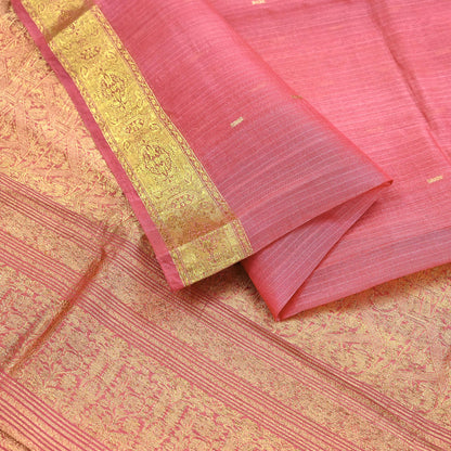 Indian Vintage Sari Pink Pure chanderi Silk Hand Woven Sarees Craft Fabric 5Yd Floral Soft Golden Zari Bollywood Sarees Crafting Upcycle