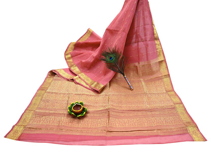Indian Vintage Sari Pink Pure chanderi Silk Hand Woven Sarees Craft Fabric 5Yd Floral Soft Golden Zari Bollywood Sarees Crafting Upcycle