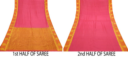 Indian Vintage Heavy Sari Pink & Saffron Kanjivaram Saree 100% Pure Silk Zari 5Yd Crafting Dress making For Crafting Quilting Upcycle