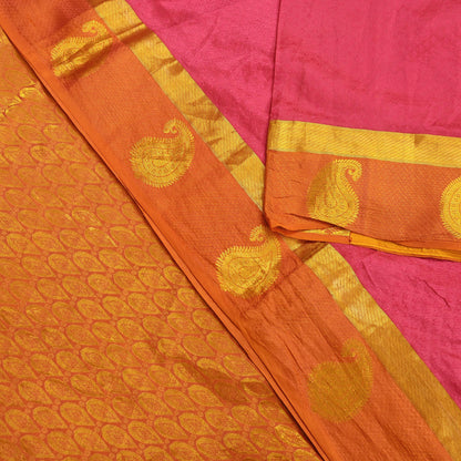 Indian Vintage Heavy Sari Pink & Saffron Kanjivaram Saree 100% Pure Silk Zari 5Yd Crafting Dress making For Crafting Quilting Upcycle