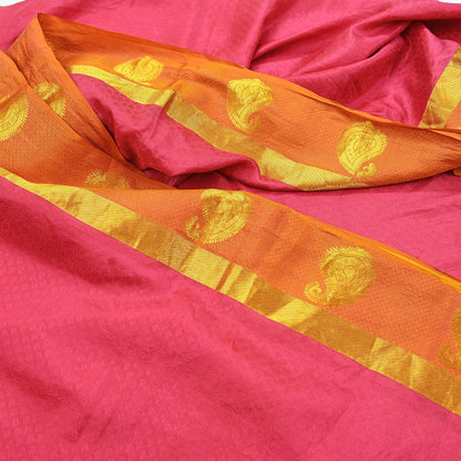 Indian Vintage Heavy Sari Pink & Saffron Kanjivaram Saree 100% Pure Silk Zari 5Yd Crafting Dress making For Crafting Quilting Upcycle