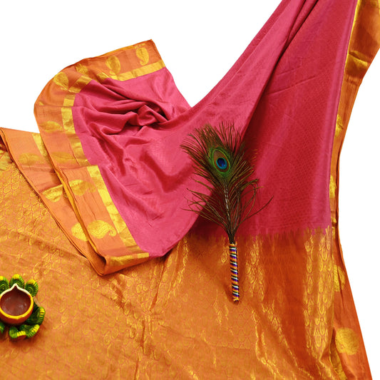 Indian Vintage Heavy Sari Pink & Saffron Kanjivaram Saree 100% Pure Silk Zari 5Yd Crafting Dress making For Crafting Quilting Upcycle