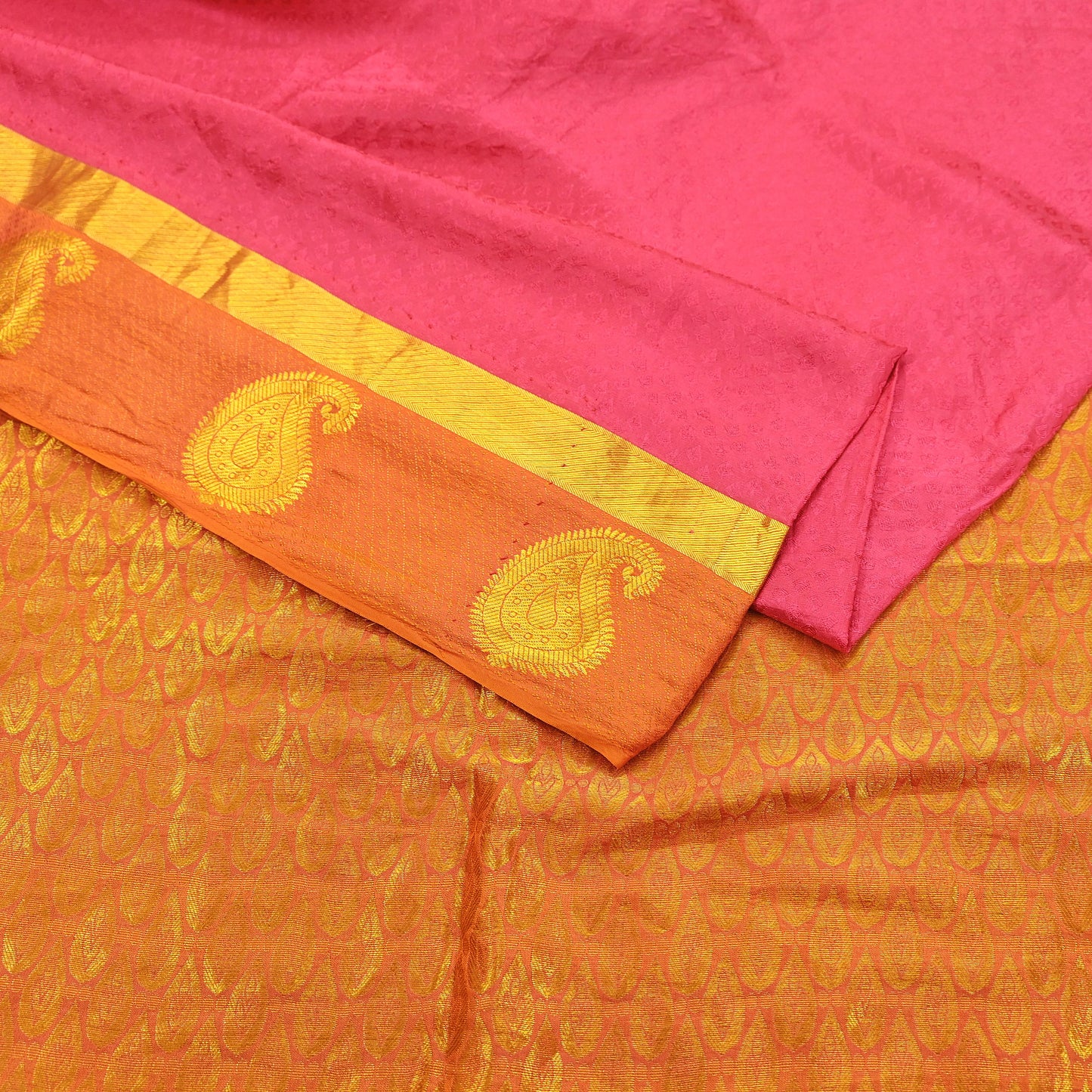 Indian Vintage Heavy Sari Pink & Saffron Kanjivaram Saree 100% Pure Silk Zari 5Yd Crafting Dress making For Crafting Quilting Upcycle