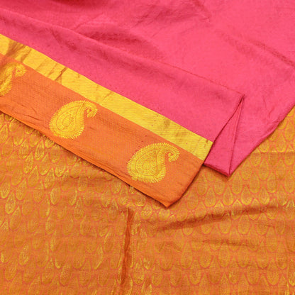 Indian Vintage Heavy Sari Pink & Saffron Kanjivaram Saree 100% Pure Silk Zari 5Yd Crafting Dress making For Crafting Quilting Upcycle