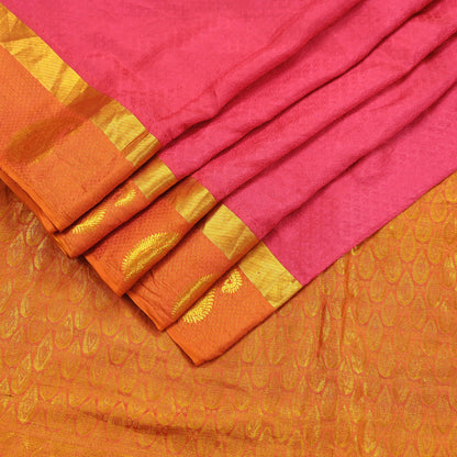Indian Vintage Heavy Sari Pink & Saffron Kanjivaram Saree 100% Pure Silk Zari 5Yd Crafting Dress making For Crafting Quilting Upcycle