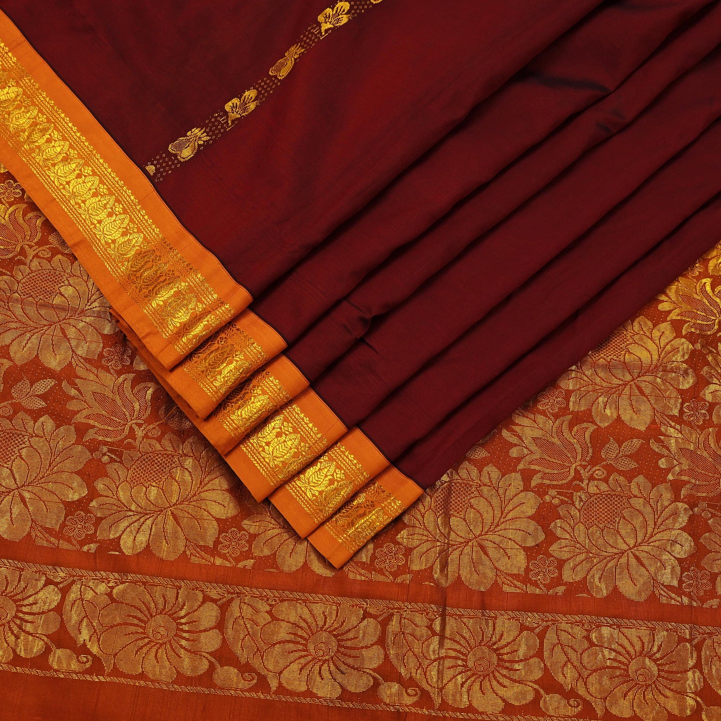 Indian Vintage Heavy Saree Maroon & Saffron Hand Woven Kanjivaram 100% Pure Silk Sari Craft Fabric 5Yd Ethnic Zari Floral