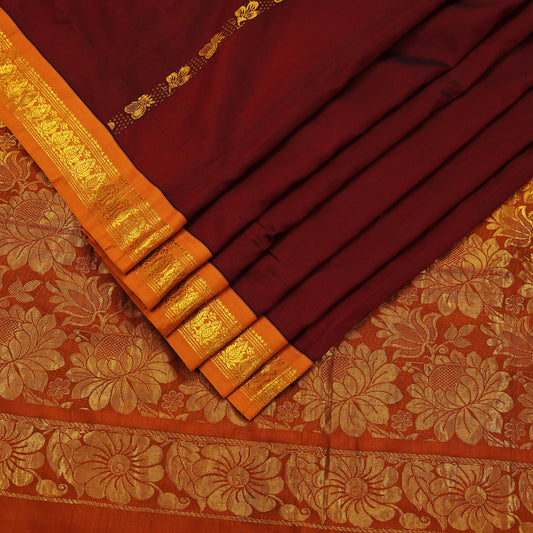 Indian Vintage Heavy Saree Maroon & Saffron Hand Woven Kanjivaram 100% Pure Silk Sari Craft Fabric 5Yd Ethnic Zari Floral