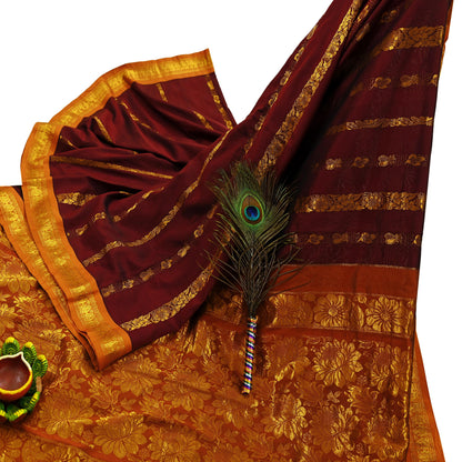 Indian Vintage Heavy Saree Maroon & Saffron Hand Woven Kanjivaram 100% Pure Silk Sari Craft Fabric 5Yd Ethnic Zari Floral