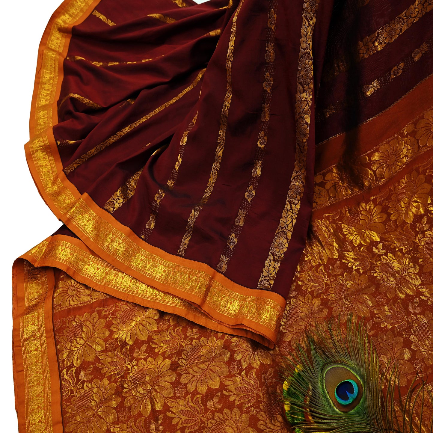 Indian Vintage Heavy Saree Maroon & Saffron Hand Woven Kanjivaram 100% Pure Silk Sari Craft Fabric 5Yd Ethnic Zari Floral