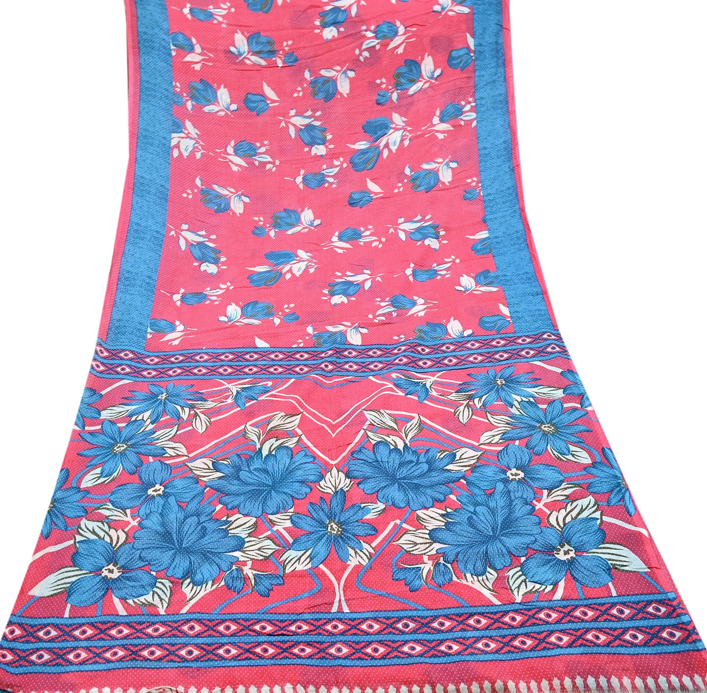 Indian Vintage Sari Blue & Pink Printed Pure Cotton Saree Craft Fabric 5Yd Soft Sewing Sarong Wrap Boho Floral Dress making Crafting
