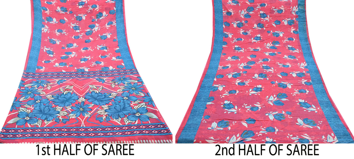 Indian Vintage Sari Blue & Pink Printed Pure Cotton Saree Craft Fabric 5Yd Soft Sewing Sarong Wrap Boho Floral Dress making Crafting