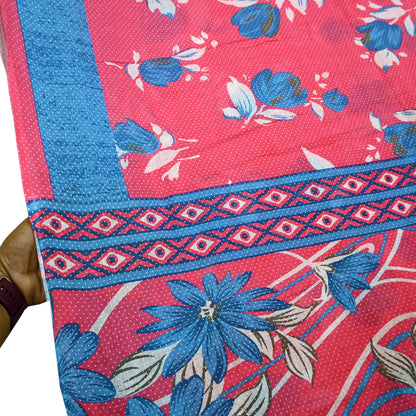 Indian Vintage Sari Blue & Pink Printed Pure Cotton Saree Craft Fabric 5Yd Soft Sewing Sarong Wrap Boho Floral Dress making Crafting
