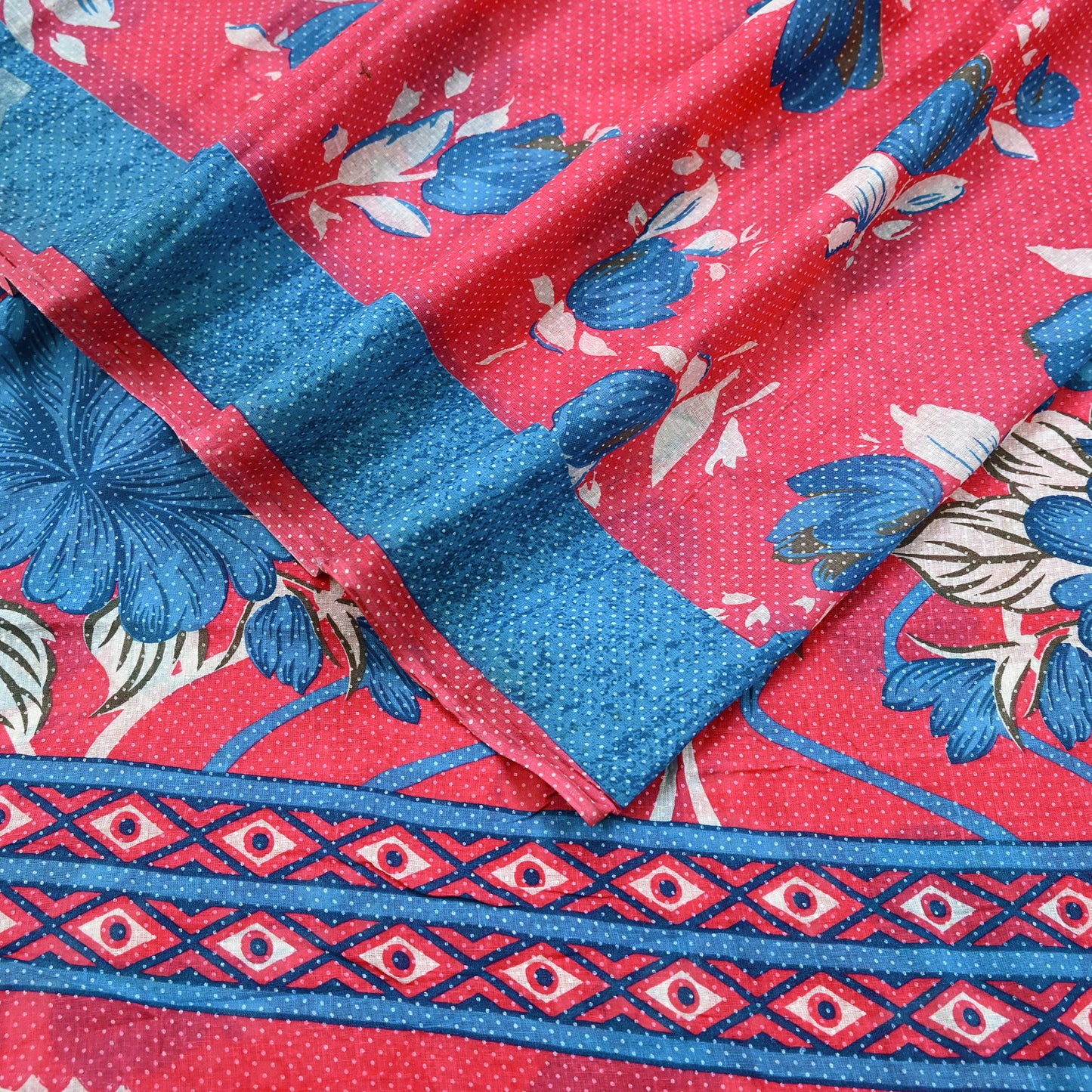 Indian Vintage Sari Blue & Pink Printed Pure Cotton Saree Craft Fabric 5Yd Soft Sewing Sarong Wrap Boho Floral Dress making Crafting