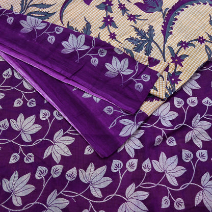 Indian Vintage Sari Beige & Purple Pure Cotton Printed Sarees Craft Fabric Soft 5Yd Sarong Wrap Boho Fabric Kimono Quilting Crafting Upcycle