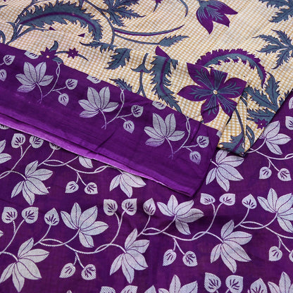 Indian Vintage Sari Beige & Purple Pure Cotton Printed Sarees Craft Fabric Soft 5Yd Sarong Wrap Boho Fabric Kimono Quilting Crafting Upcycle