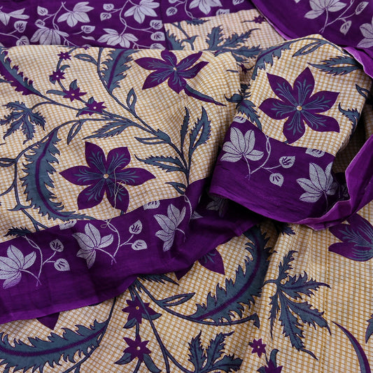 Indian Vintage Sari Beige & Purple Pure Cotton Printed Sarees Craft Fabric Soft 5Yd Sarong Wrap Boho Fabric Kimono Quilting Crafting Upcycle