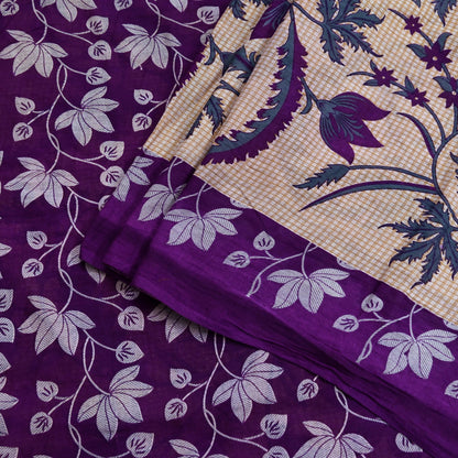 Indian Vintage Sari Beige & Purple Pure Cotton Printed Sarees Craft Fabric Soft 5Yd Sarong Wrap Boho Fabric Kimono Quilting Crafting Upcycle