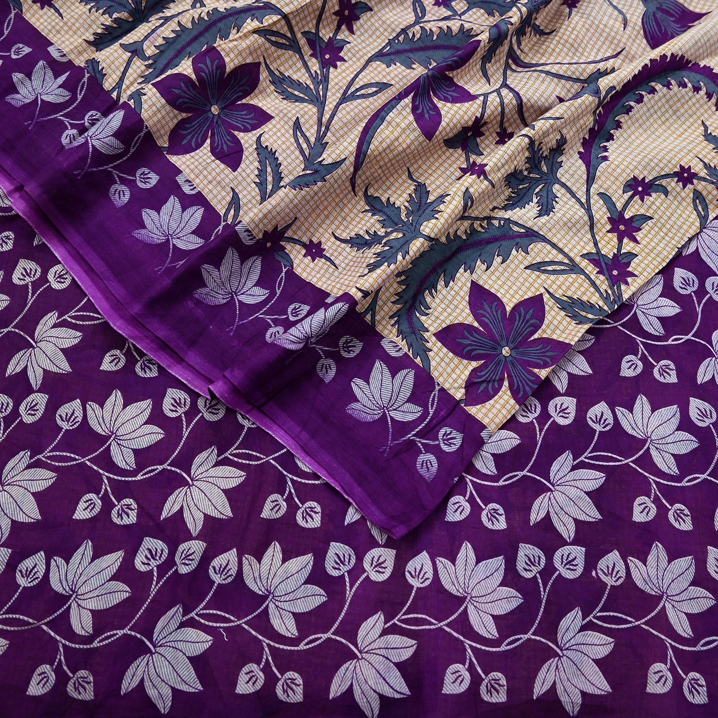 Indian Vintage Sari Beige & Purple Pure Cotton Printed Sarees Craft Fabric Soft 5Yd Sarong Wrap Boho Fabric Kimono Quilting Crafting Upcycle