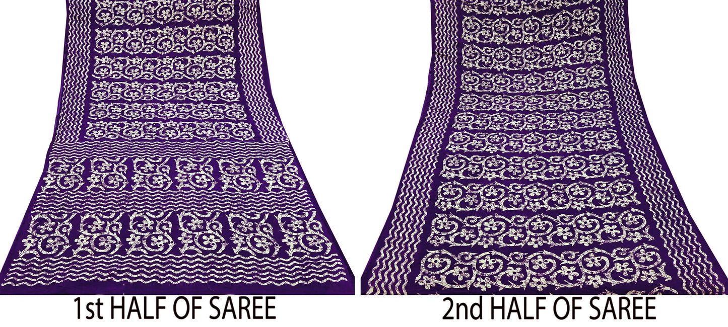 Indian Vintage Sari Purple & Ivory Pure Cotton Printed Saree 5Yd Craft Fabric Sewing Sarong Wrap Boho Floral Quilting crafting dressmaking
